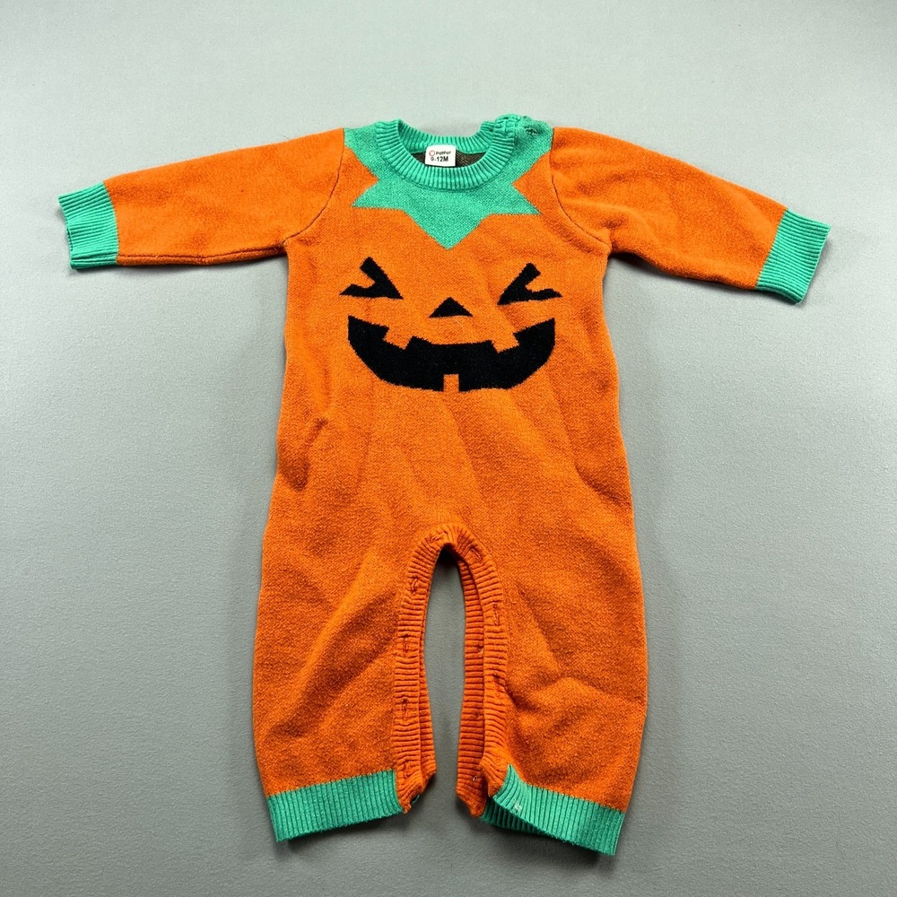 Patpat One Piece Romper Baby 9-12M Orange Halloween Pumpkin Knit Ribbed Trim